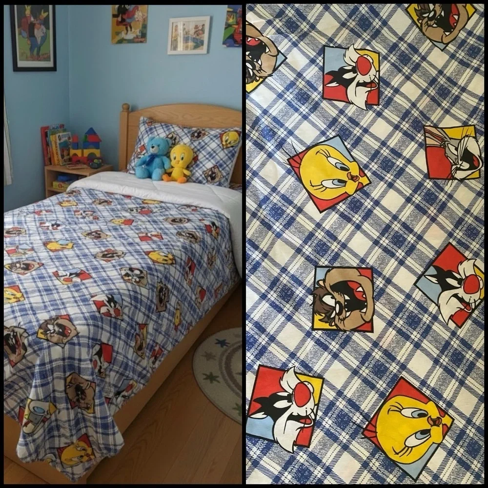 Vintage 1995 Looney Tunes Warner Bros. Character Plaid Blue WhiteTwin Flat Sheet